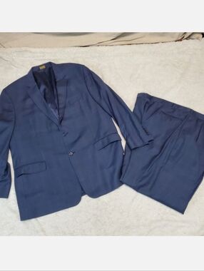 Jos A Bank Blue Plaid Wool Office Work Formal Suit Jacket Blazer 48L Pants 42x30